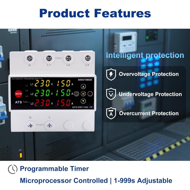 Comutator automat surse trifazat SINOTIMER SATS-936T-150A, 150A, 230/400V, ATS 3 surse (retea, invertor, generator), revenire L1