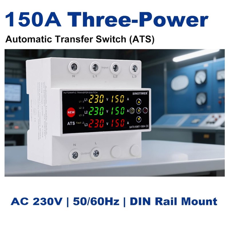 Comutator automat surse trifazat SINOTIMER SATS-936T-150A, 150A, 230/400V, ATS 3 surse (retea, invertor, generator), revenire L1