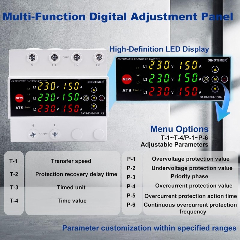 Comutator automat surse trifazat SINOTIMER SATS-936T-150A, 150A, 230/400V, ATS 3 surse (retea, invertor, generator), revenire L1