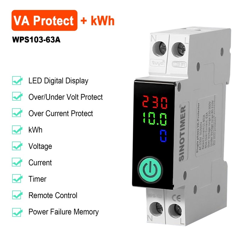 Siguranta automata inteligenta WiFi SINOTIMER WPS103-63A, protectie tensiune si curent, monitorizare kWh, Tuya, 230V