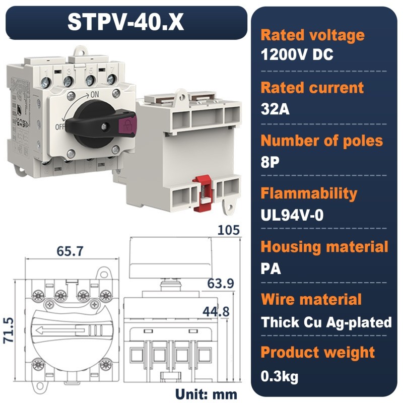 Comutator izolator DC fotovoltaic STVP-40X4B, 4 Poli, 32A, 1200V DC, pentru panouri solare PV