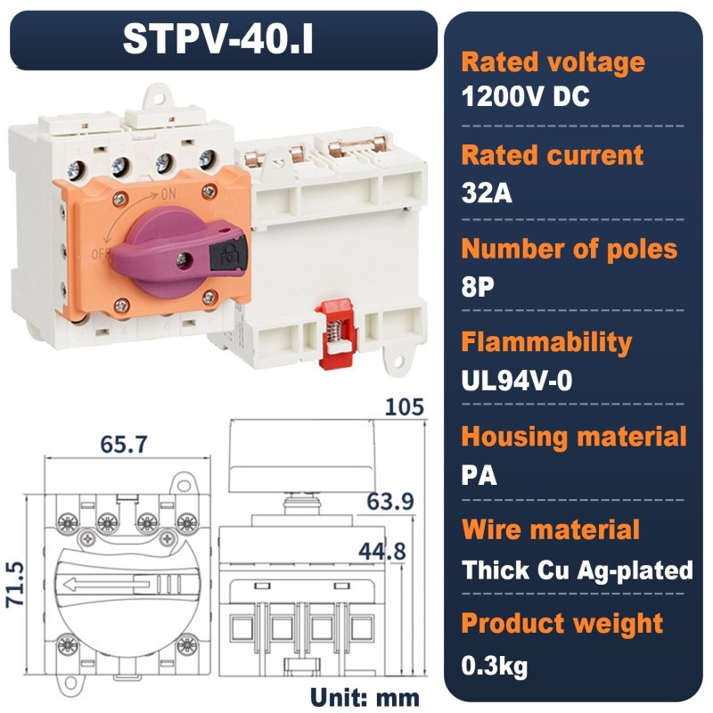 Comutator izolator DC fotovoltaic STPV-40.I, 4 Poli, 32A, 1200V DC, montaj sina DIN pentru sisteme PV