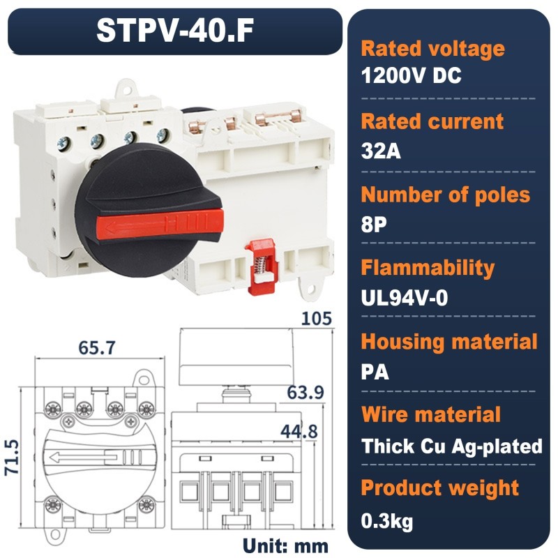 Comutator izolator DC fotovoltaic STPV-40.F, 4 Poli, 32A, 1200V DC, montaj sina DIN pentru panouri solare