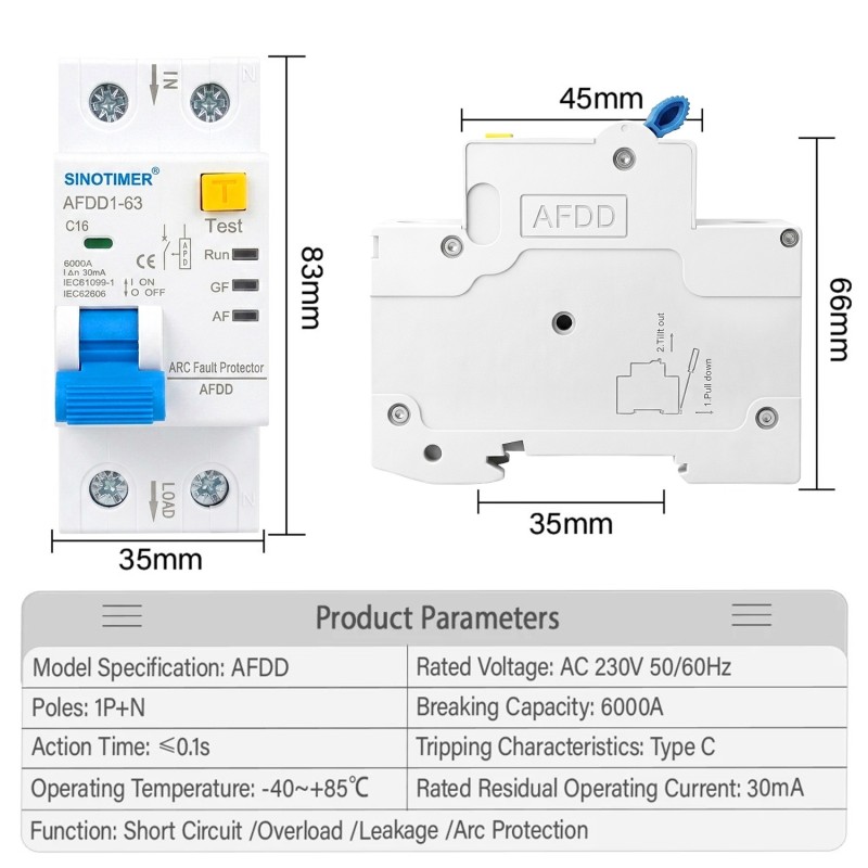 Siguranta Automata cu Protectie Arc Electric, AFDD Sinotimer AFDD1-63 C16, 16A, 230V AC