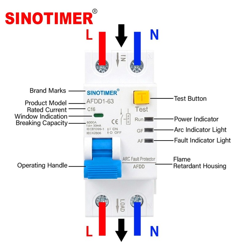 Siguranta Automata cu Protectie Arc Electric, AFDD Sinotimer AFDD1-63 C16, 16A, 230V AC