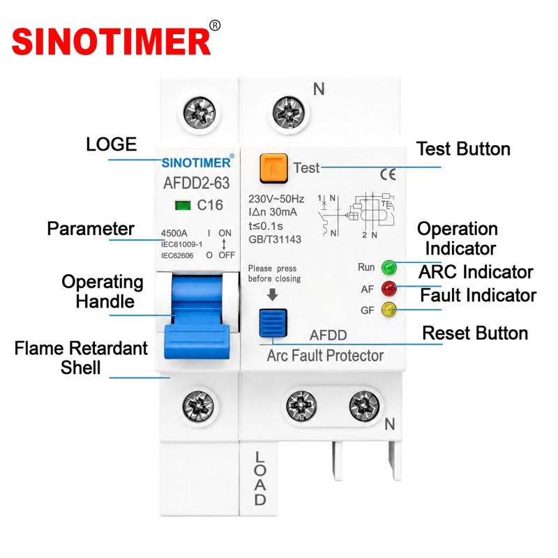 Siguranta Automata cu Protectie Arc Electric, Diferential, AFDD Sinotimer AFDD2-63 C16, 16A, 4.5kA, 230V AC
