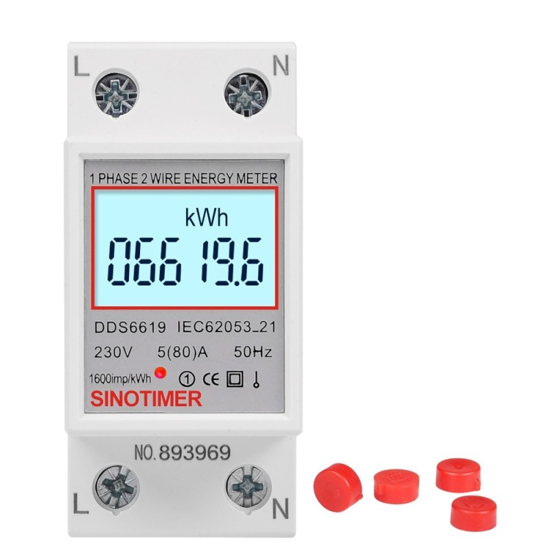 Contor monofazat de energie electrica, Sinotimer, 230V AC 50Hz, 5(80)A, ecran digital LED iluminat, DDS6619-006