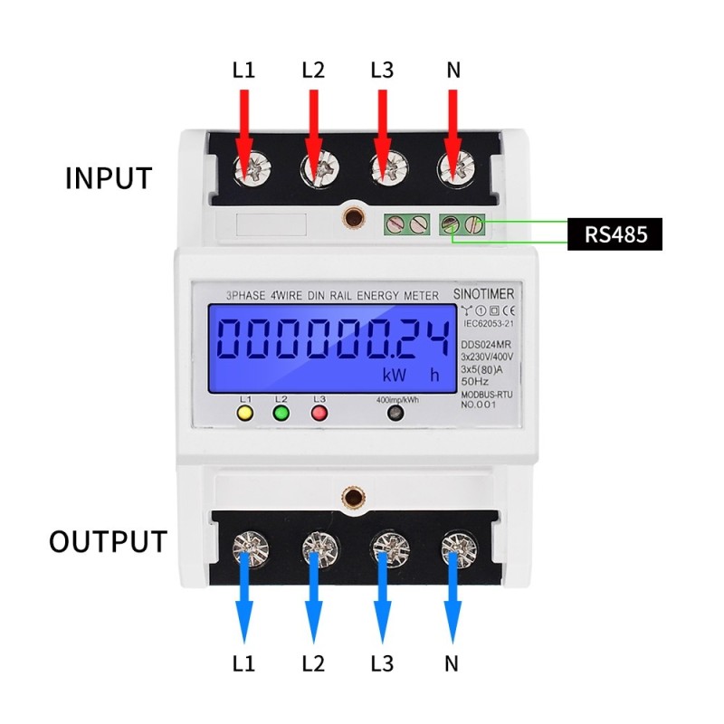 Contor trifazic de energie electrica, energie reactiva, Sinotimer, 3x230/400V AC 50Hz, 3x5(80)A, ecran LED iluminat, DDS024MR