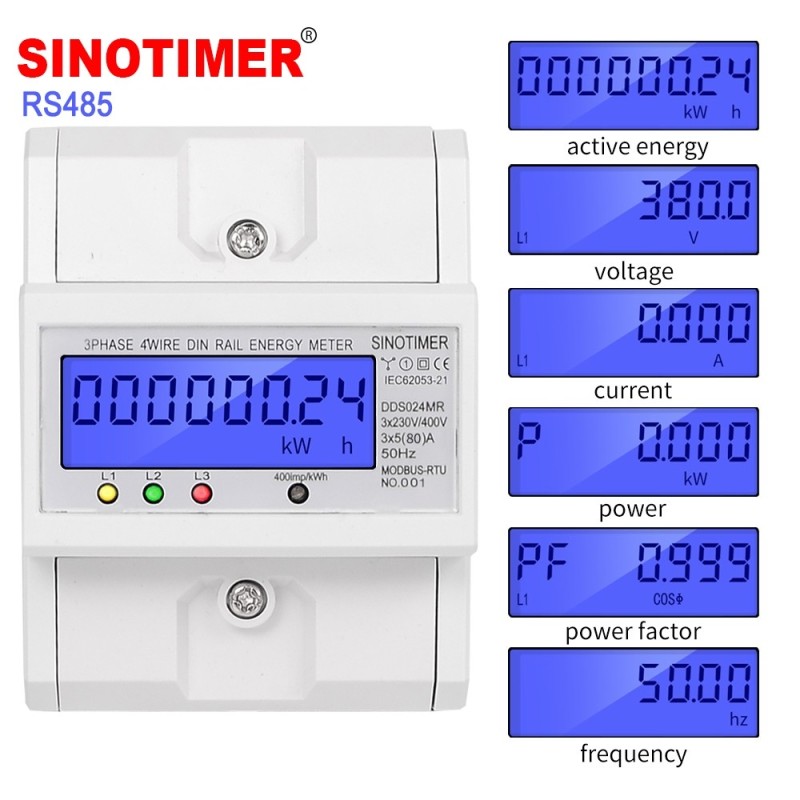 Contor trifazic de energie electrica, energie reactiva, Sinotimer, 3x230/400V AC 50Hz, 3x5(80)A, ecran LED iluminat, DDS024MR