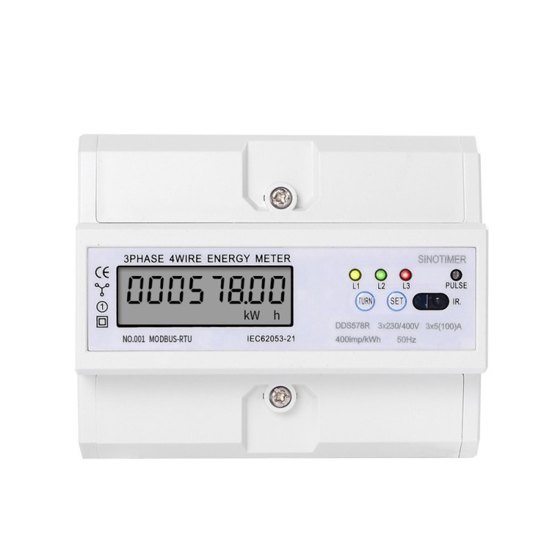 Contor trifazic de energie electrica, Sinotimer, 3x230/400V AC 50Hz, 3x5(100)A, ecran digital LED, DDS578R