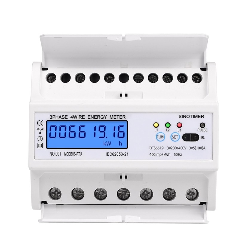 Contor trifazic de energie electrica, Sinotimer, 3x230/400V AC 50Hz, 3x5(100)A, ecran digital LED iluminat, DTS6619-016