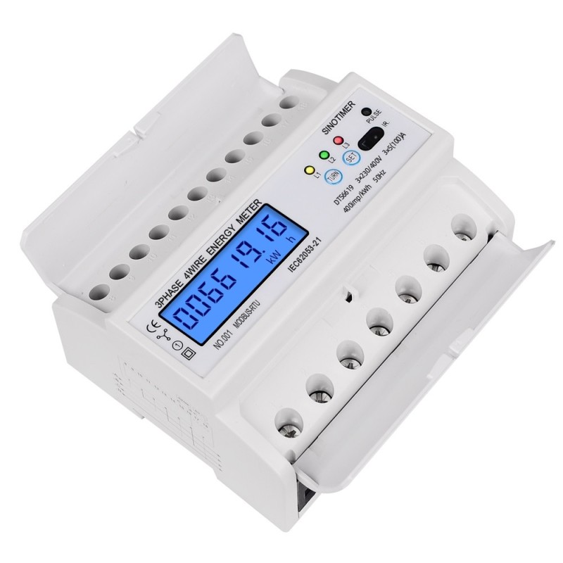 Contor trifazic de energie electrica, Sinotimer, 3x230/400V AC 50Hz, 3x5(100)A, ecran digital LED iluminat, DTS6619-016