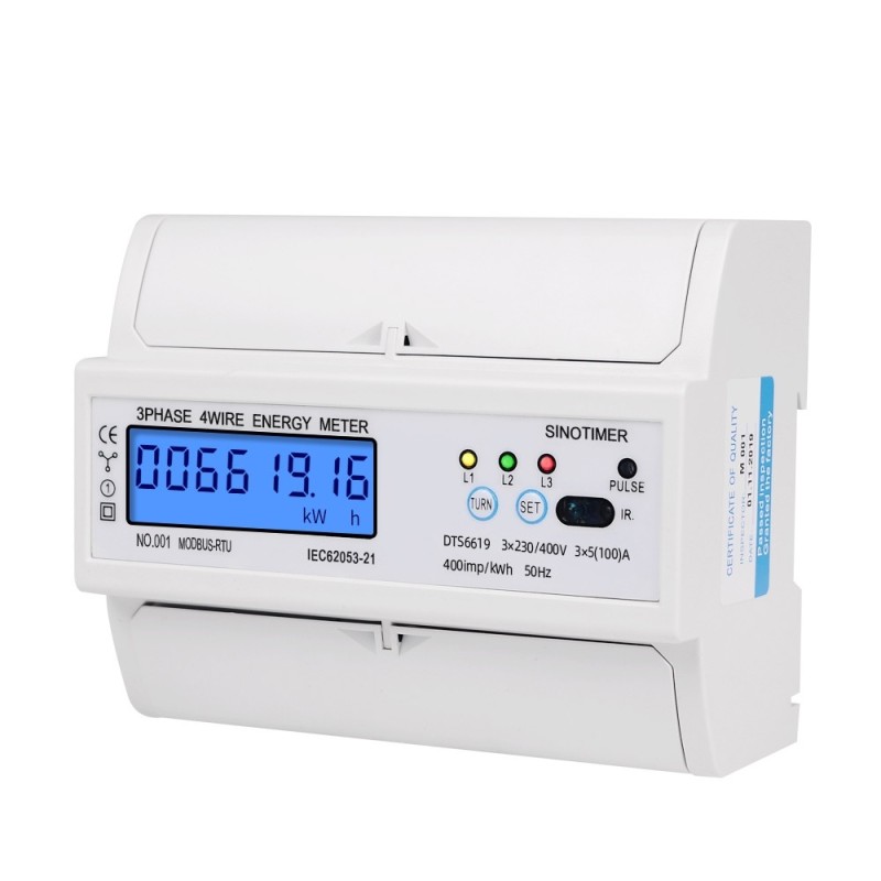 Contor trifazic de energie electrica, Sinotimer, 3x230/400V AC 50Hz, 3x5(100)A, ecran digital LED iluminat, DTS6619-016
