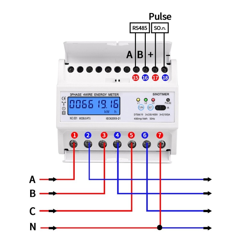 Contor trifazic de energie electrica, Sinotimer, 3x230/400V AC 50Hz, 3x5(100)A, ecran digital LED iluminat, DTS6619-016