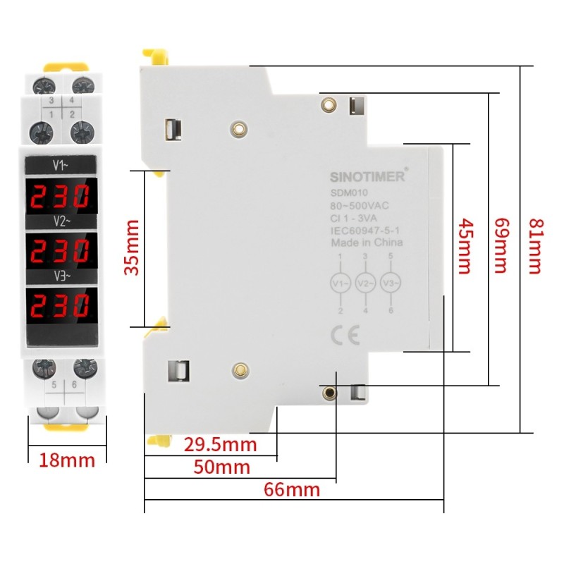 Voltmetru Sinotimer, trifazic masoara voltajul AC 80-500V, SDM010