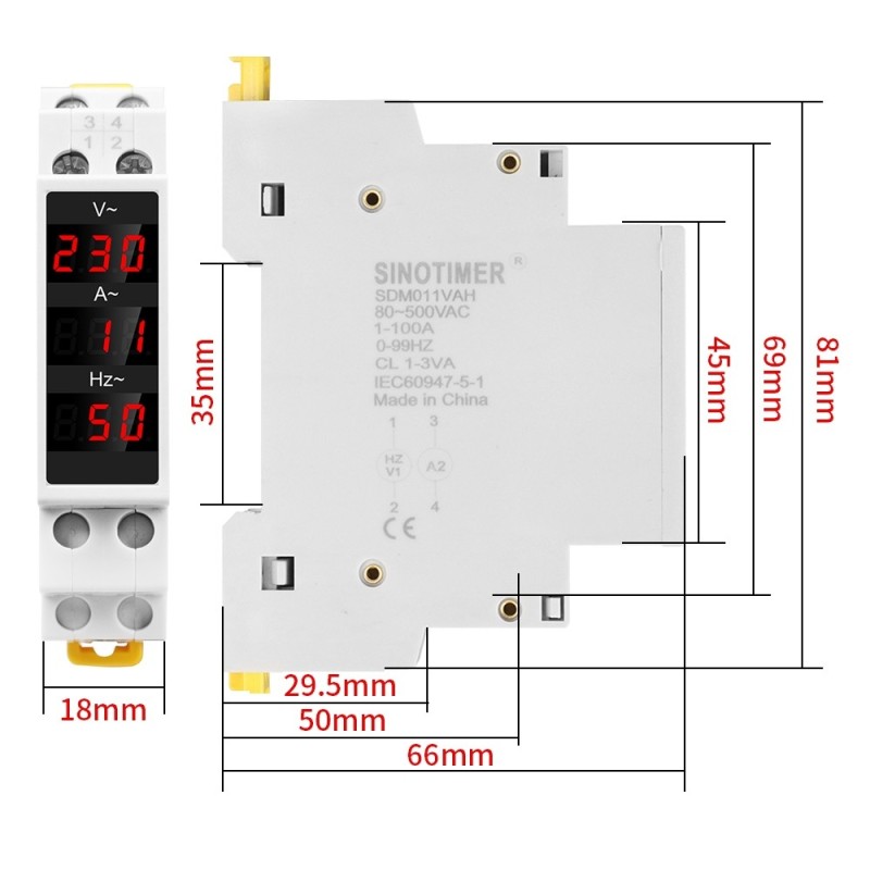 Voltmetru SINOTIMER, ampermetru si frecventmetru digital, monofazic, pentru sina tablou DIN, SDM011VAHZ