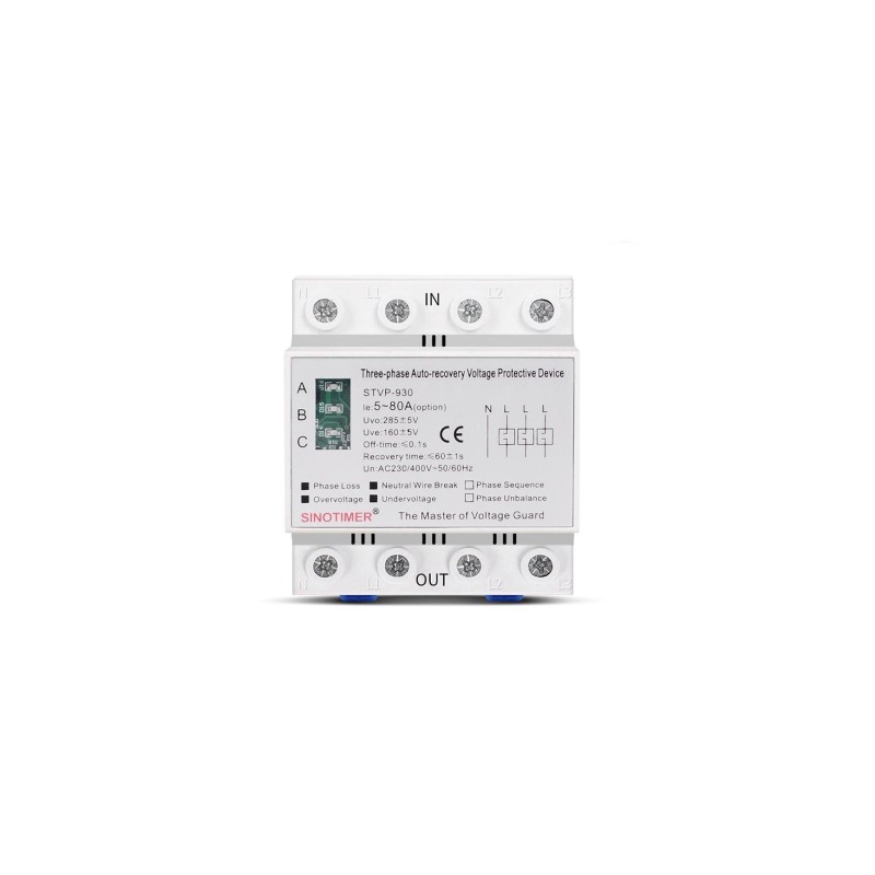 Releu trifazic Sinotimer, protectie supratensiune si subtensiune, 80A, recuperare automata, STVP-930-80A