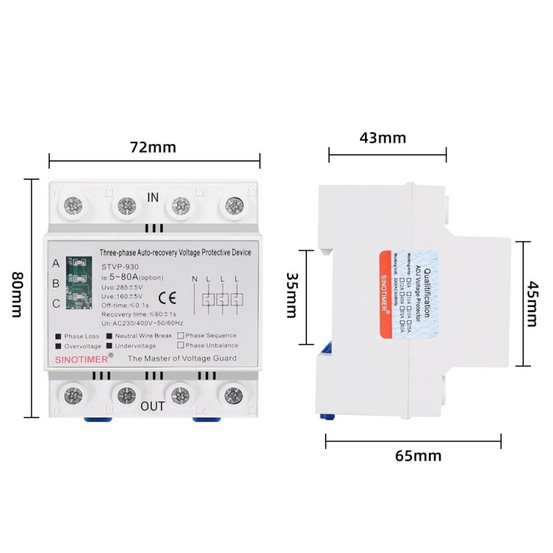 Releu trifazic Sinotimer, protectie supratensiune si subtensiune, 80A, recuperare automata, STVP-930-80A