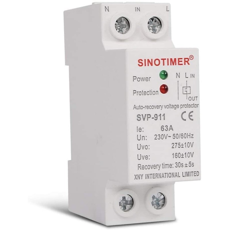 Releu siguranta digitala de protectie tensiune, Sinotimer, 63A, 230V, recuperare automata, SVP-911-63A