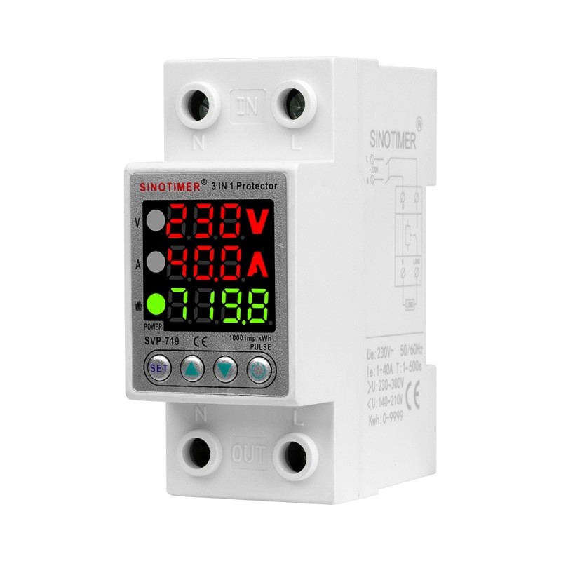 Releu digital monofazic de protectie tensiune, Sinotimer, si curent 1- 40A, consum KW, ecran digital LED, SVP-719-40A