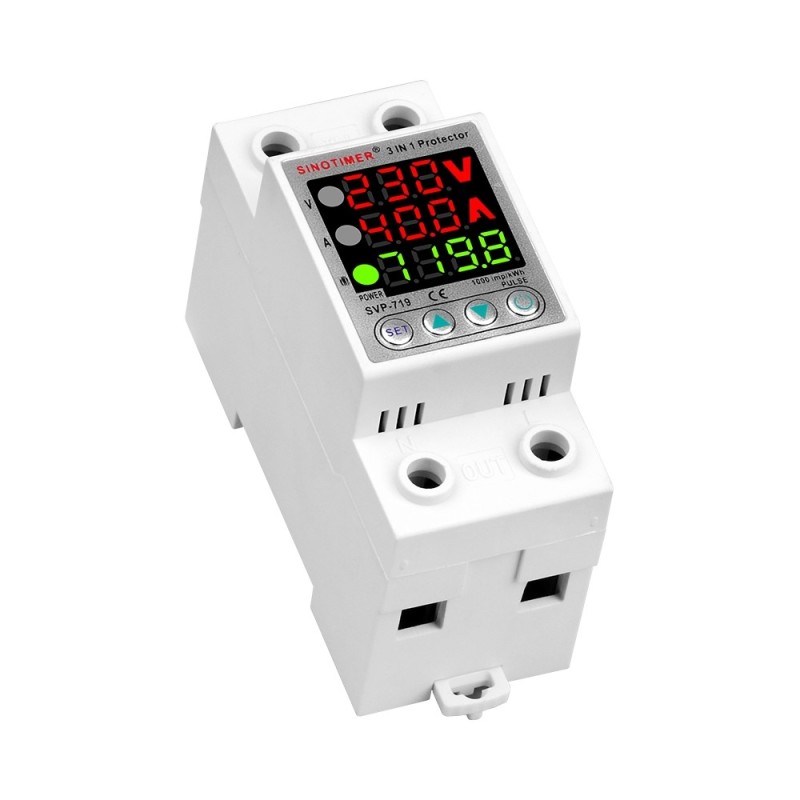Releu digital monofazic de protectie tensiune, Sinotimer, si curent 1- 40A, consum KW, ecran digital LED, SVP-719-40A