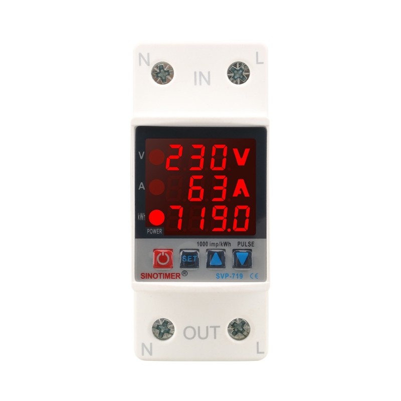 Releu siguranta digitala de protectie tensiune, Sinotimer, reglabila intre 1 - 63A, contor, ecran digital LED, SVP-719-63A
