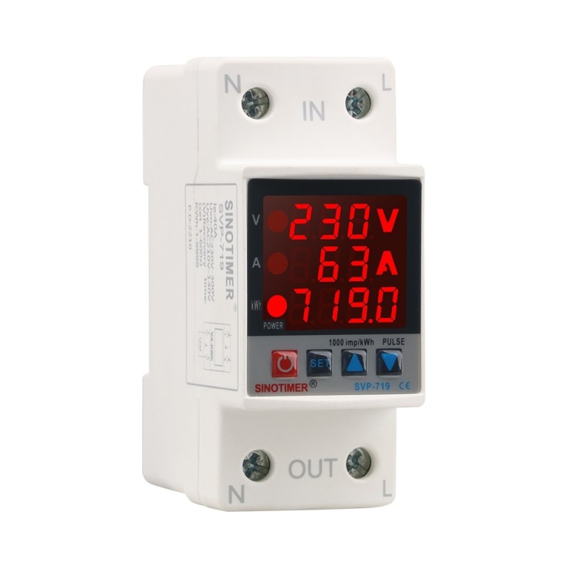 Releu siguranta digitala de protectie tensiune, Sinotimer, reglabila intre 1 - 63A, contor, ecran digital LED, SVP-719-63A