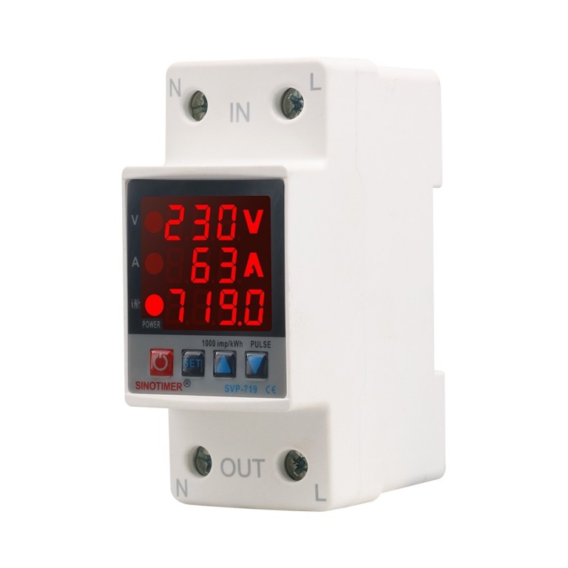 Releu siguranta digitala de protectie tensiune, Sinotimer, reglabila intre 1 - 63A, contor, ecran digital LED, SVP-719-63A