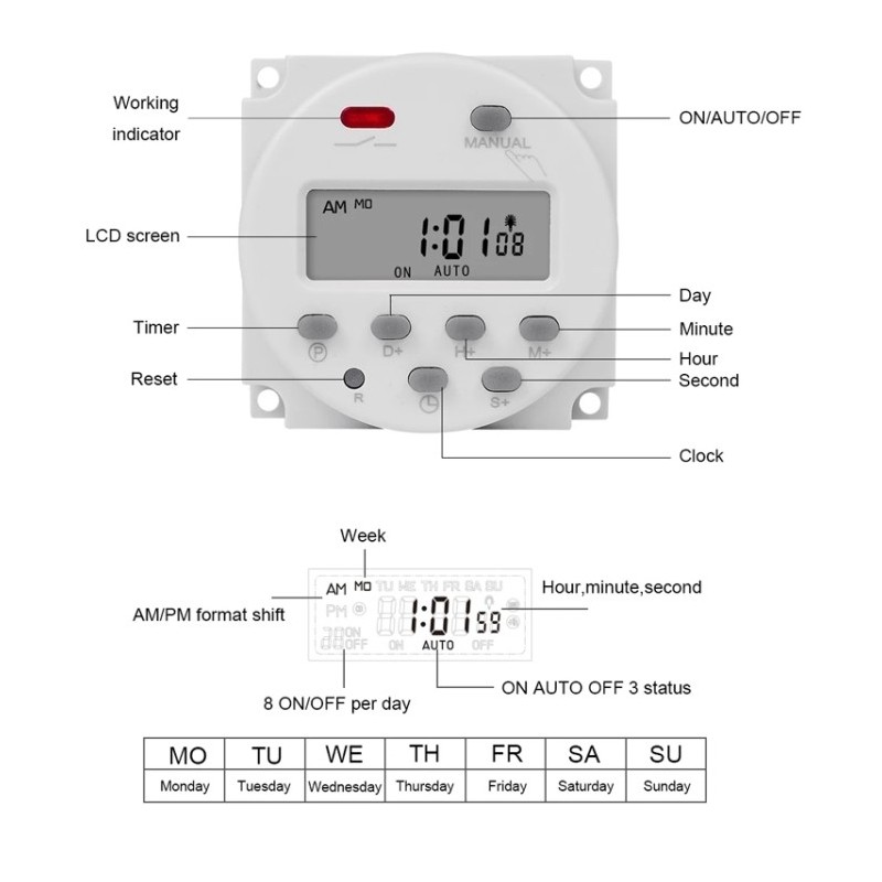 Timer digital SINOTIMER, interval de 1 secunda, 12V temporizator LCD digital programabil saptamanal 7 zile, CN101S-4